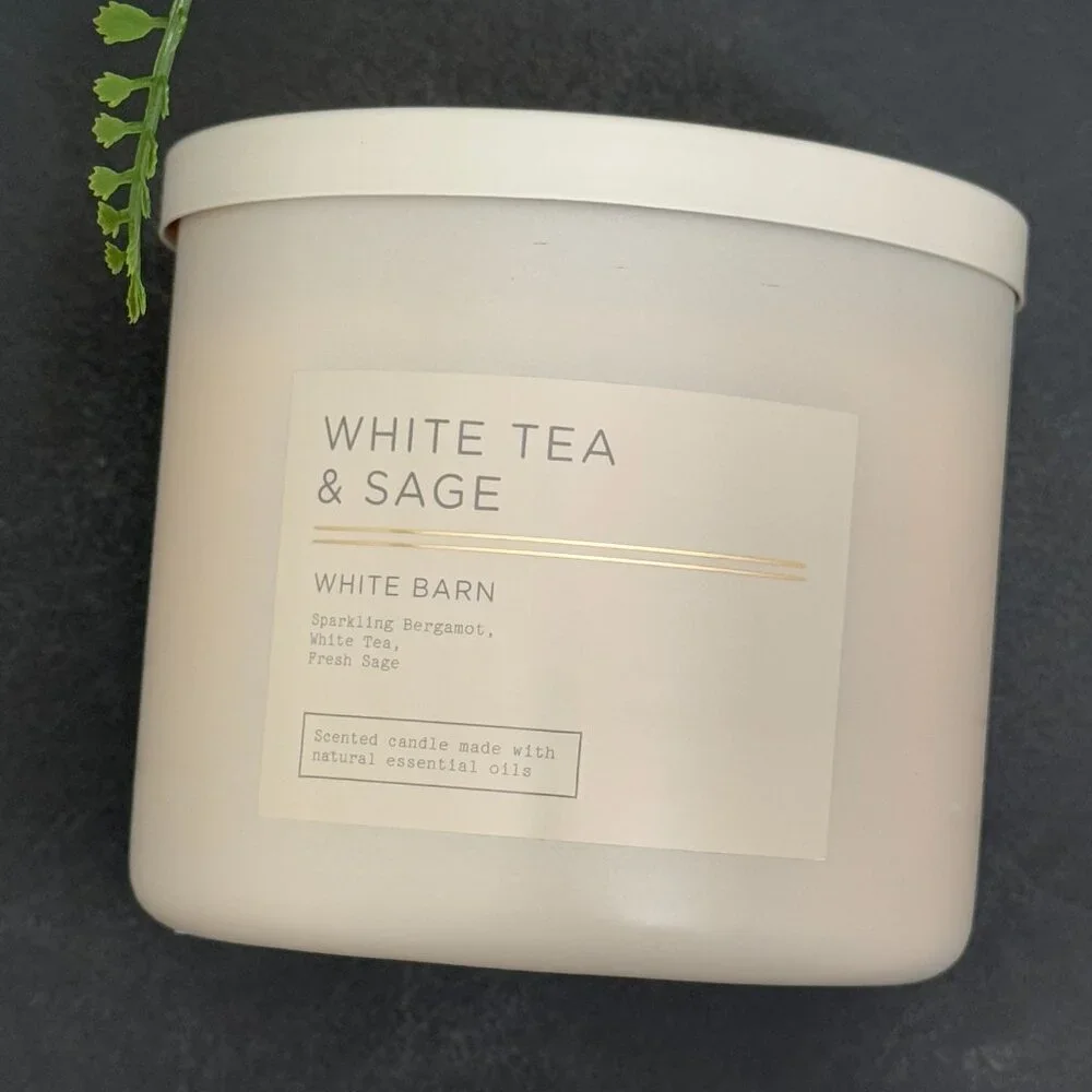 BBW White Tea & Sage White Barn Bath & Body Works 3 Wick Candle - Picture 5 of 10